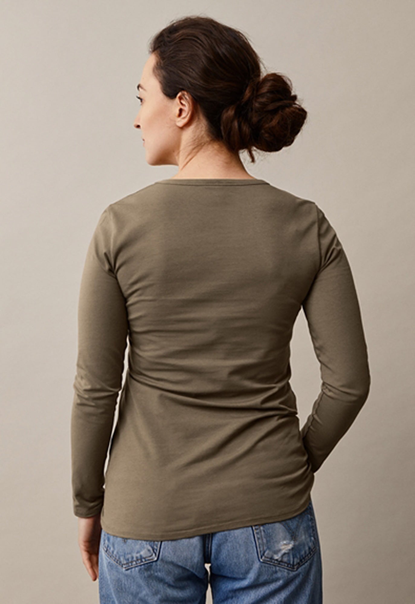 Classic Long Sleeved Maternity & Nursing Top in Khaki