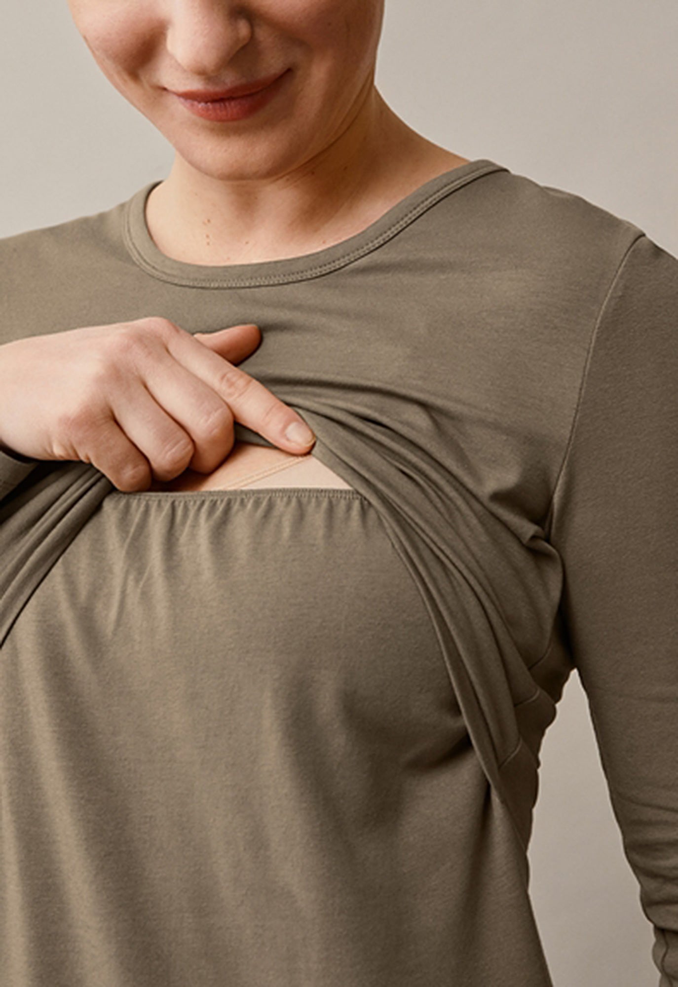 Classic Long Sleeved Maternity & Nursing Top in Khaki