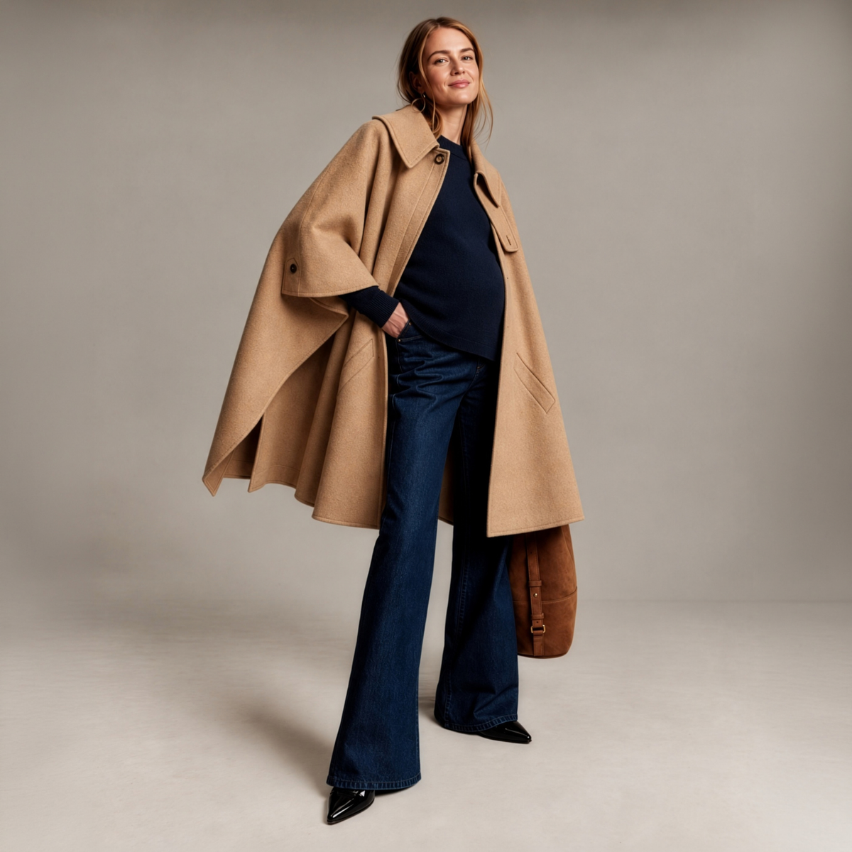 Wool Blend Convertible Cape Coat in Camel