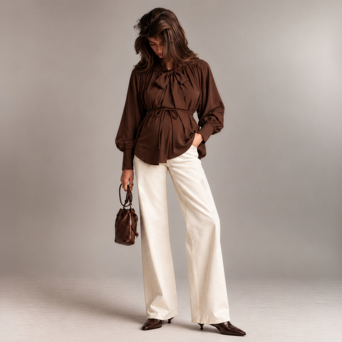 Tie-Neck Longline Blouse in Brown