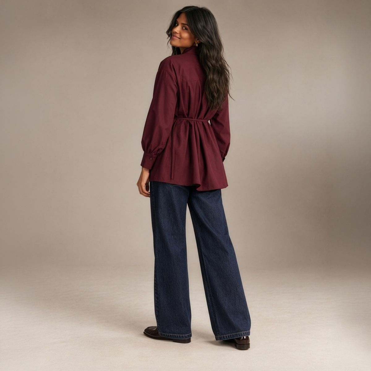 Tie-Neck Longline Blouse in Burgundy