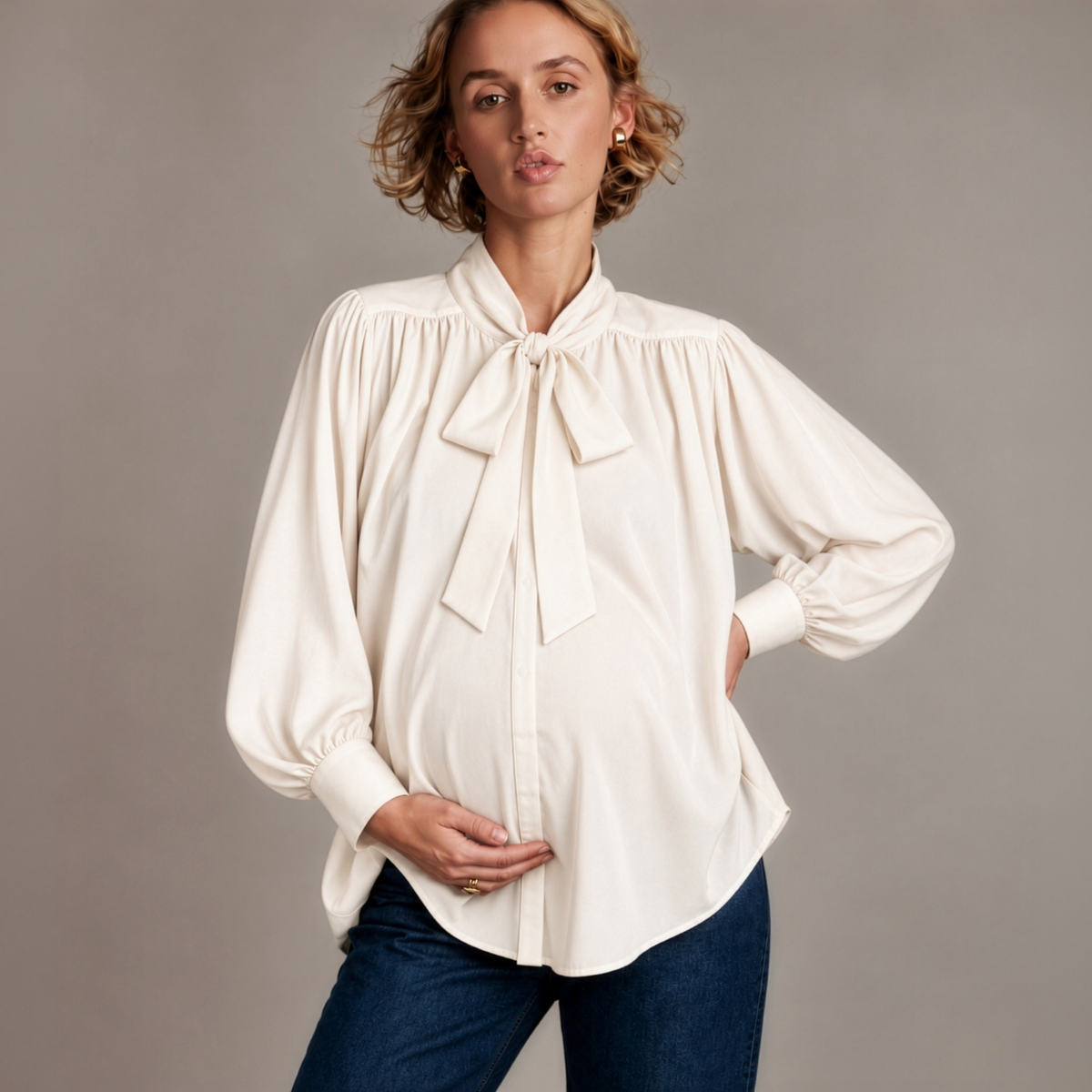 Tie-Neck Longline Blouse in White