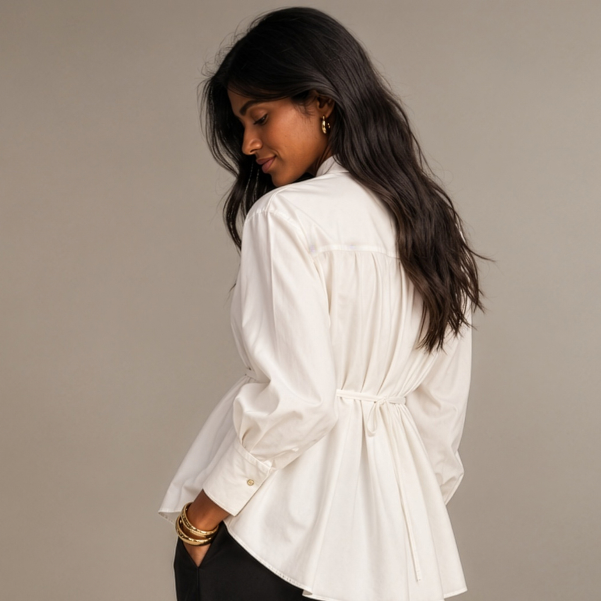 Tie-Neck Longline Blouse in White