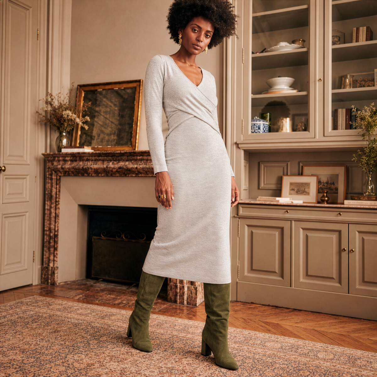 Heidi Maternity & Nursing Knit Dress in Snow Marle