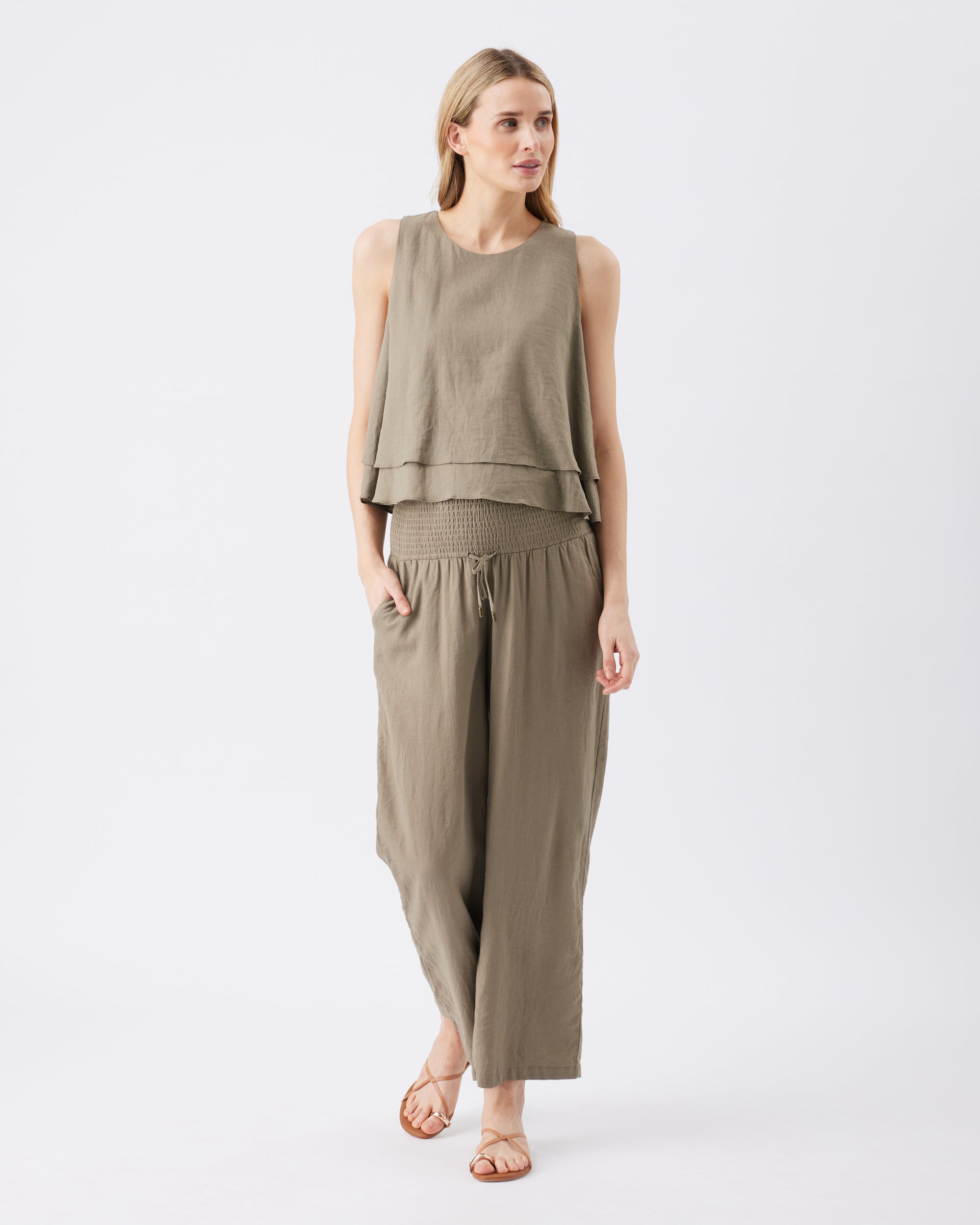 Indi Wide Leg Linen Pant in Olive