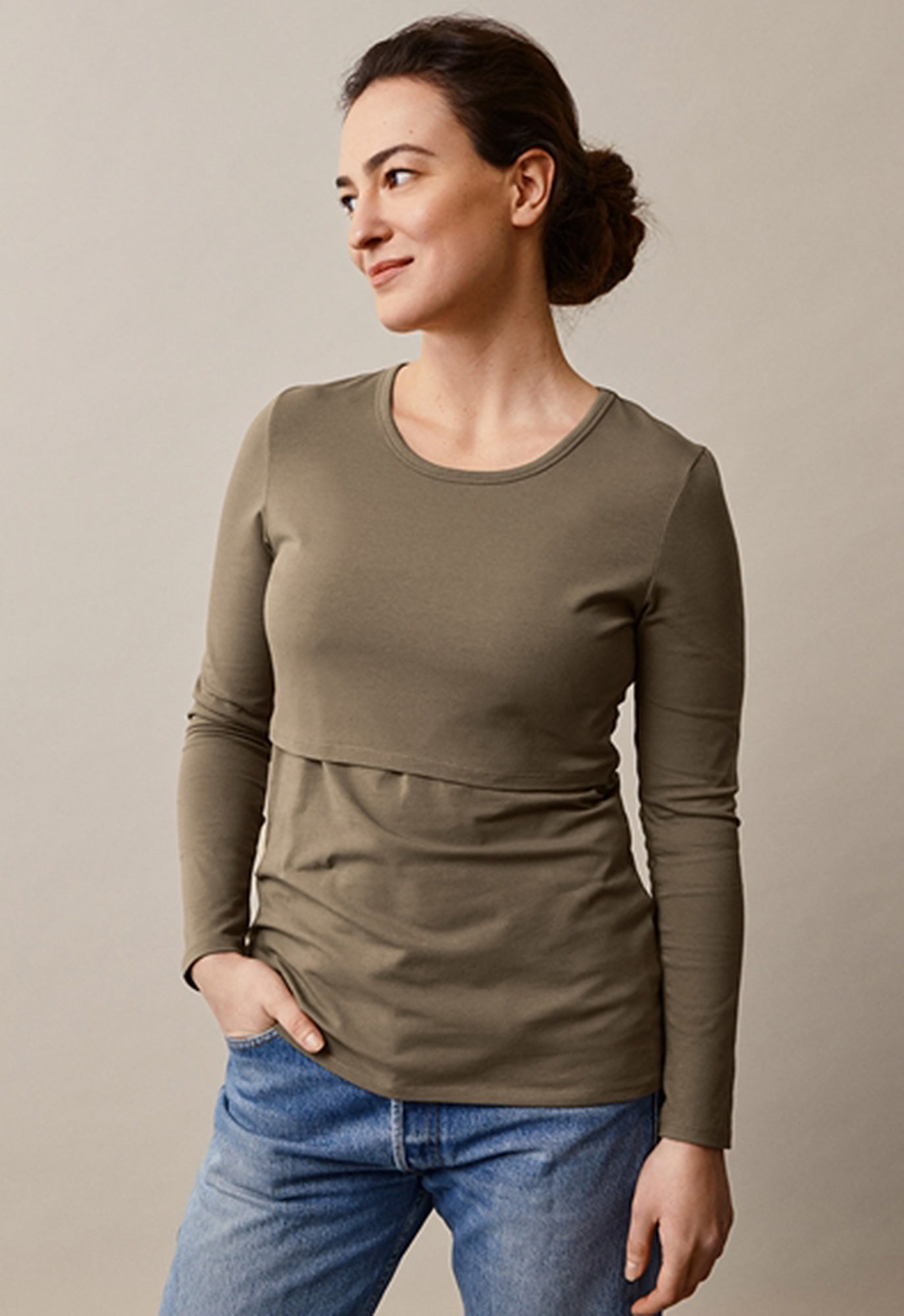 Classic Long Sleeved Maternity & Nursing Top in Khaki