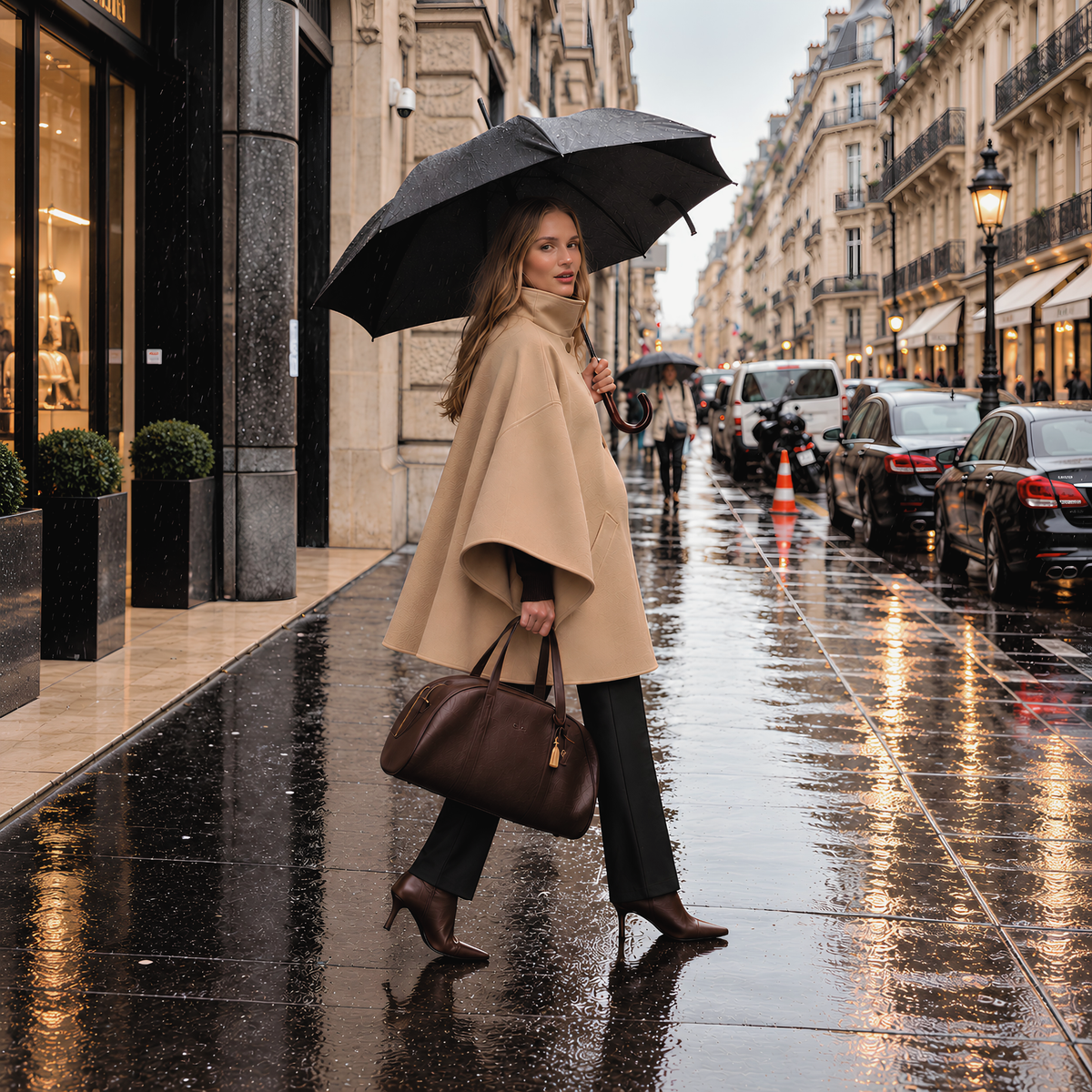 Wool Blend Convertible Cape Coat in Camel
