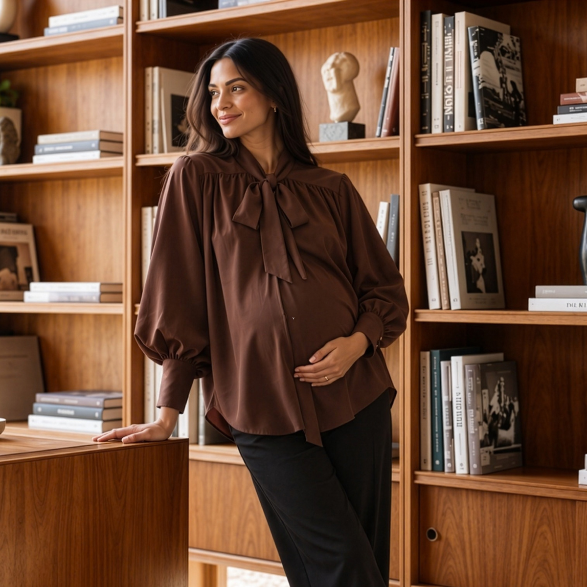 Tie-Neck Longline Blouse in Brown