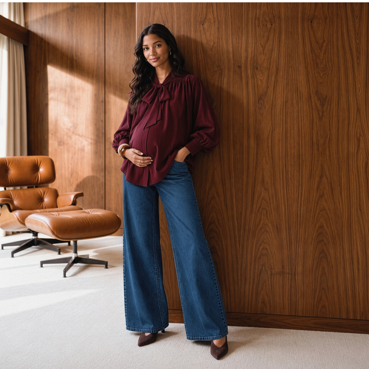 Tie-Neck Longline Blouse in Burgundy