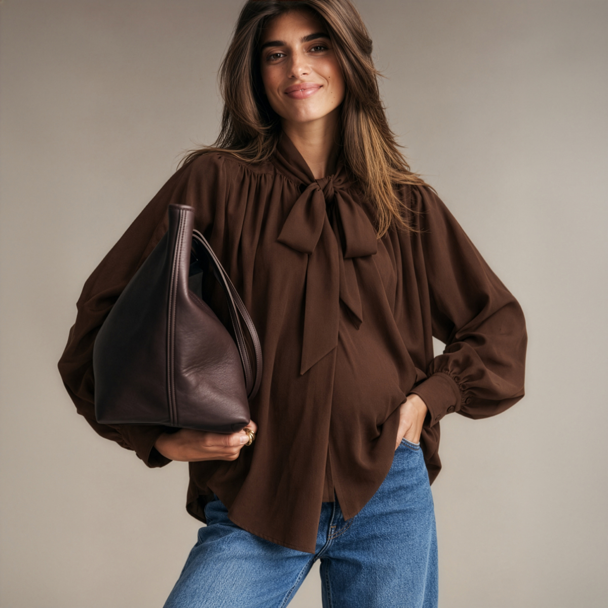 Tie-Neck Longline Blouse in Brown