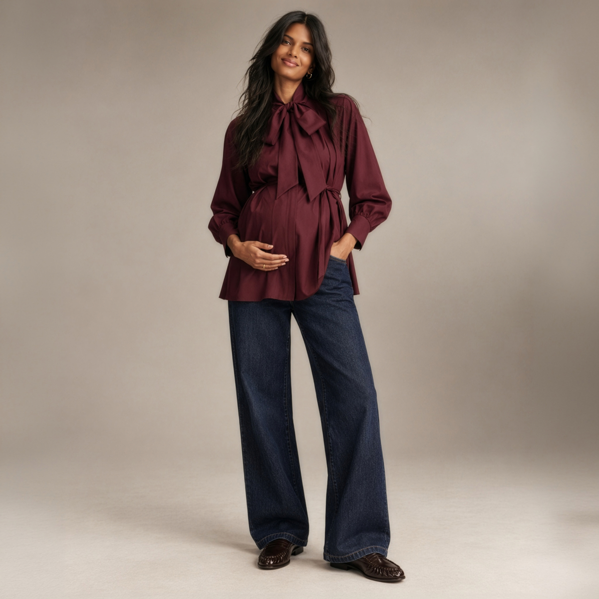 Tie-Neck Longline Blouse in Burgundy