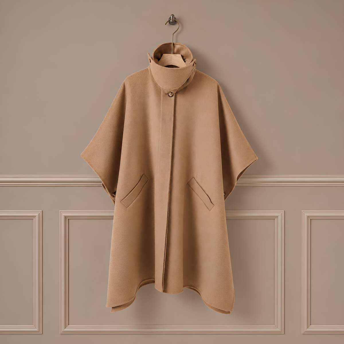 Wool Blend Convertible Cape Coat in Camel