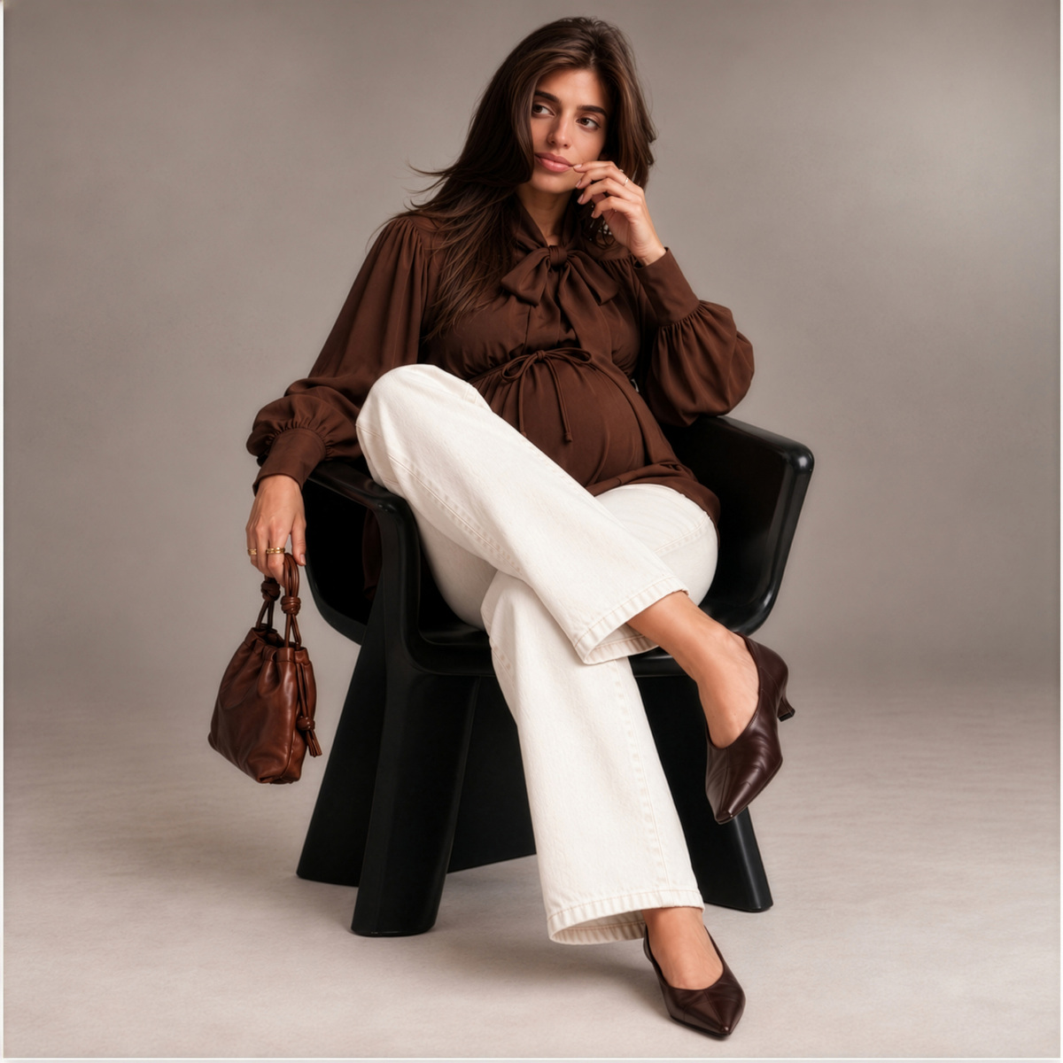 Tie-Neck Longline Blouse in Brown