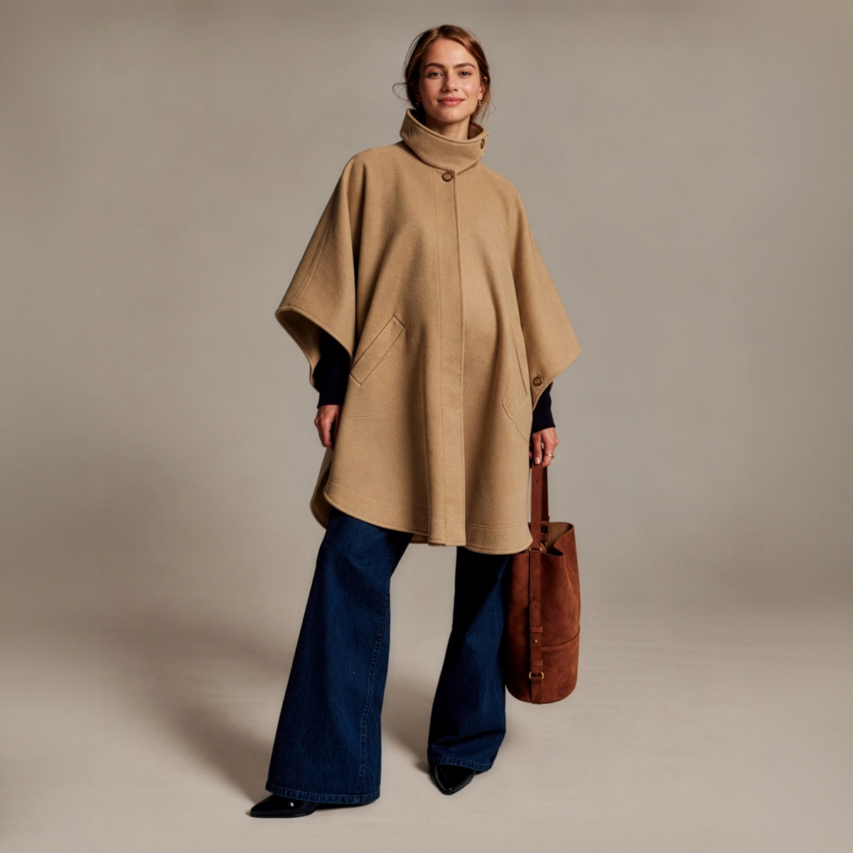 Wool Blend Convertible Cape Coat in Camel