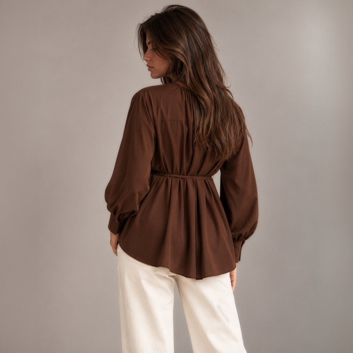 Tie-Neck Longline Blouse in Brown