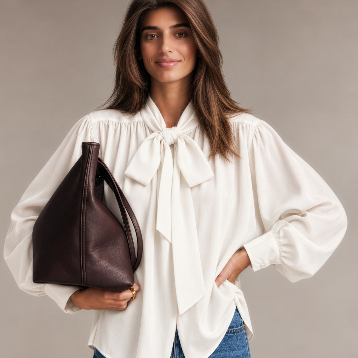Tie-Neck Longline Blouse in White