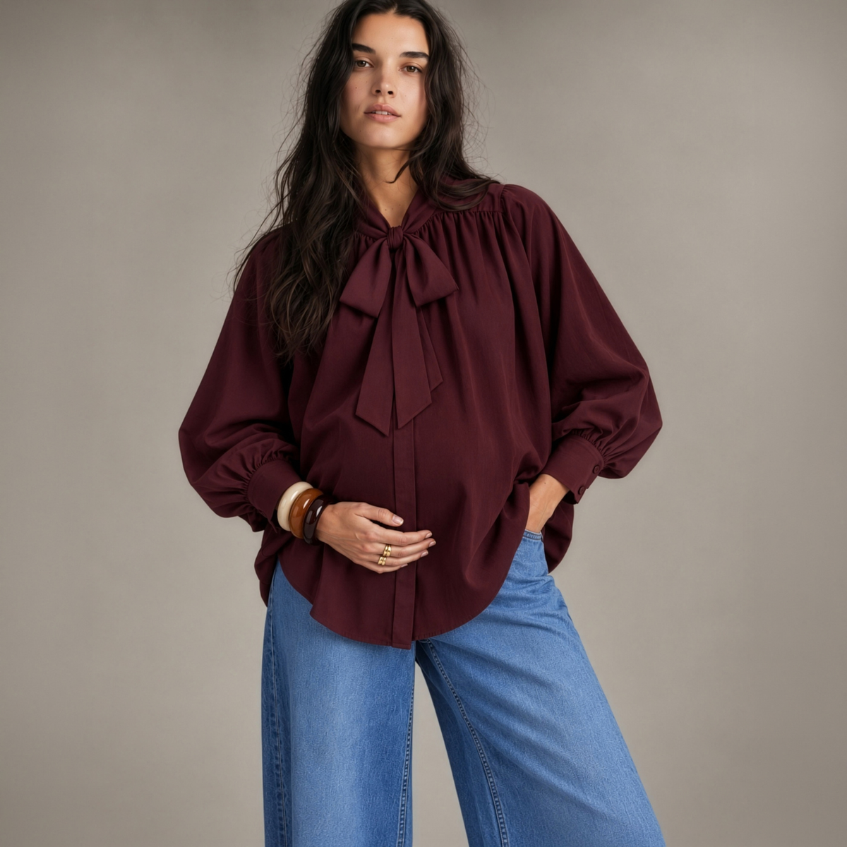 Tie-Neck Longline Blouse in Burgundy