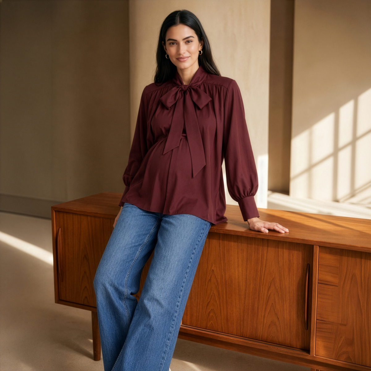 Tie-Neck Longline Blouse in Burgundy