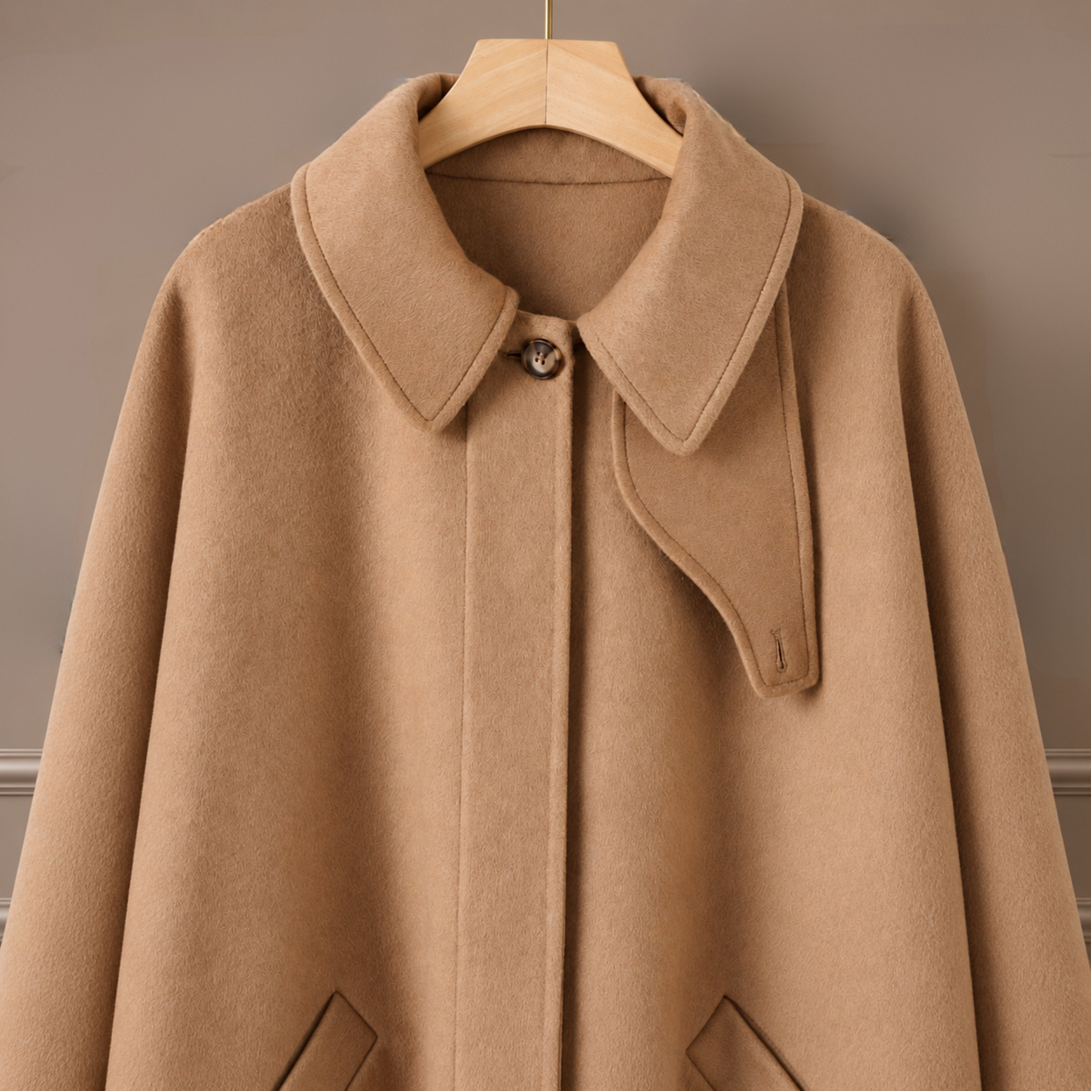 Wool Blend Convertible Cape Coat in Camel