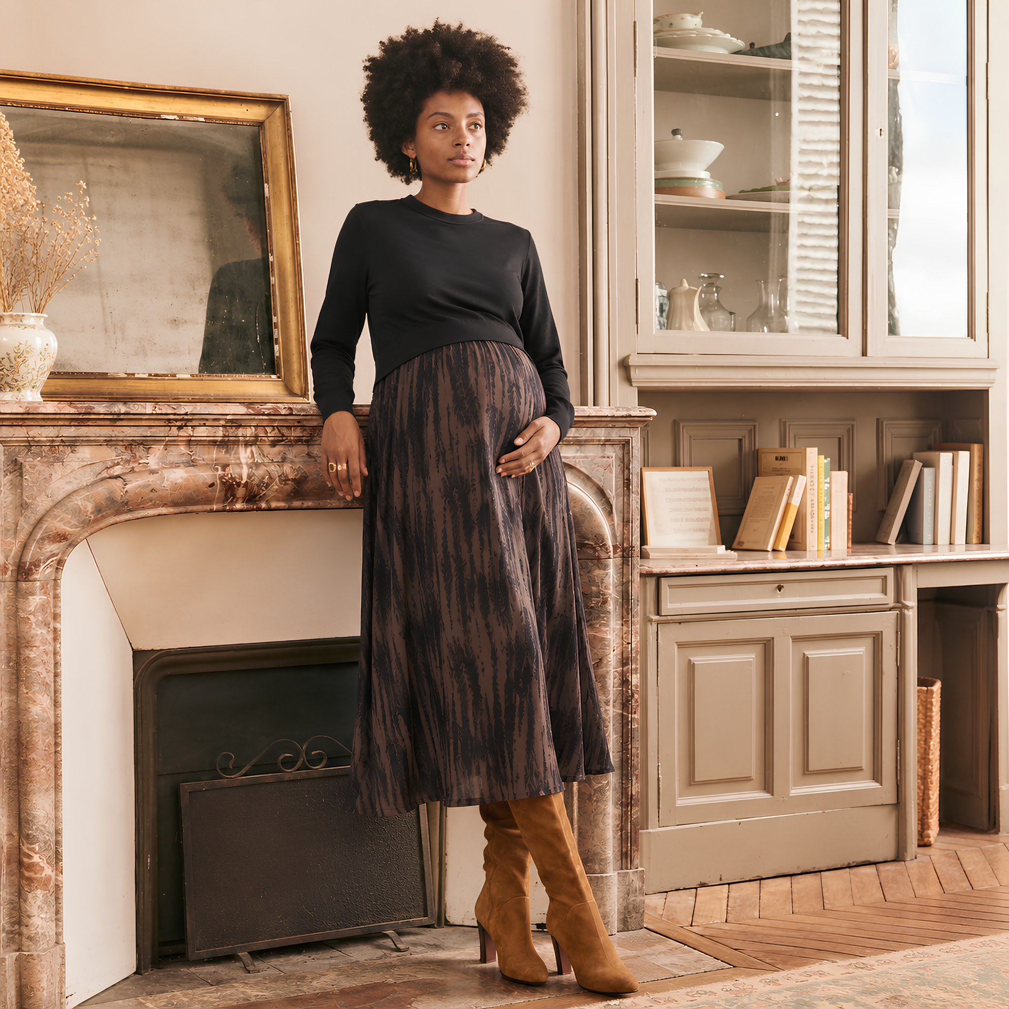 Maia Maternity & Nursing 2-in-1 Dress in Black / Mocha