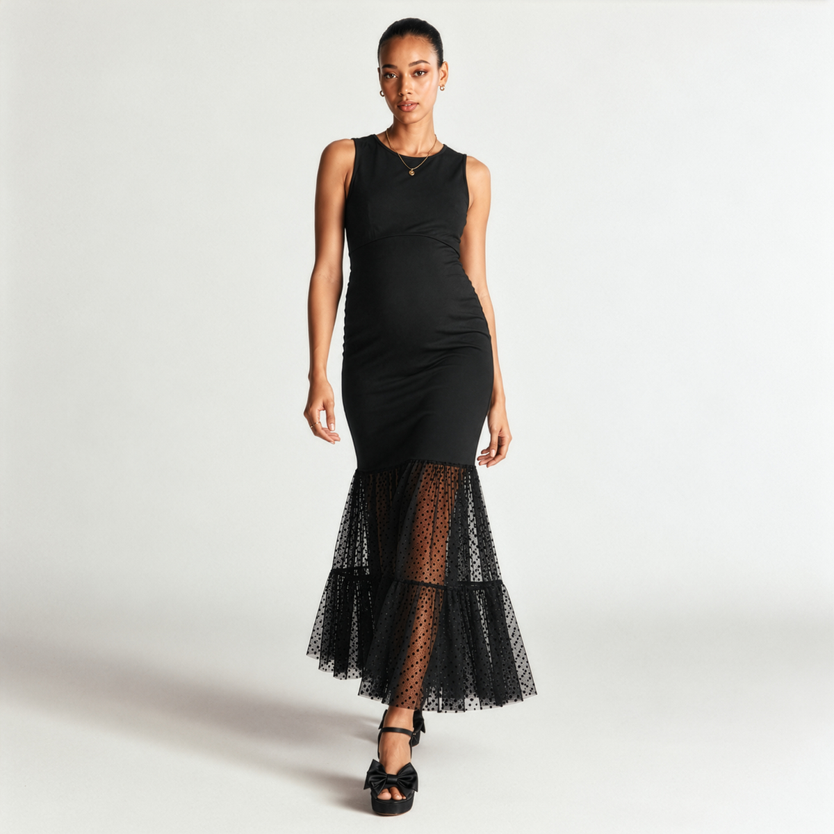 Gwen Mesh Tiered Hem Dress in Black