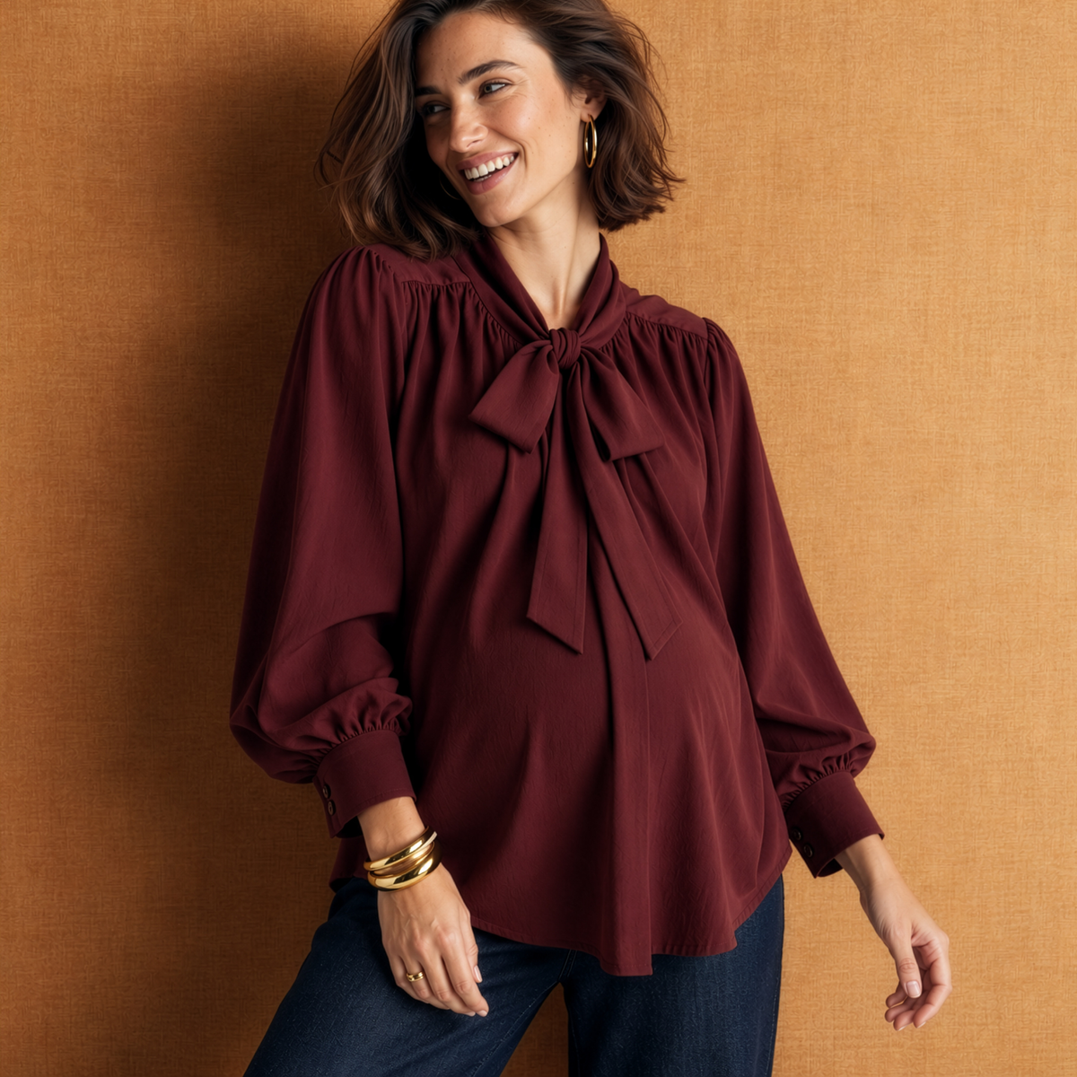 Tie-Neck Longline Blouse in Burgundy