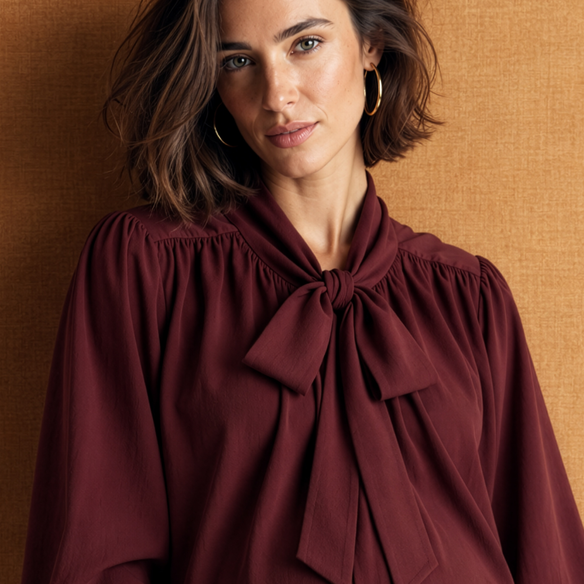Tie-Neck Longline Blouse in Burgundy