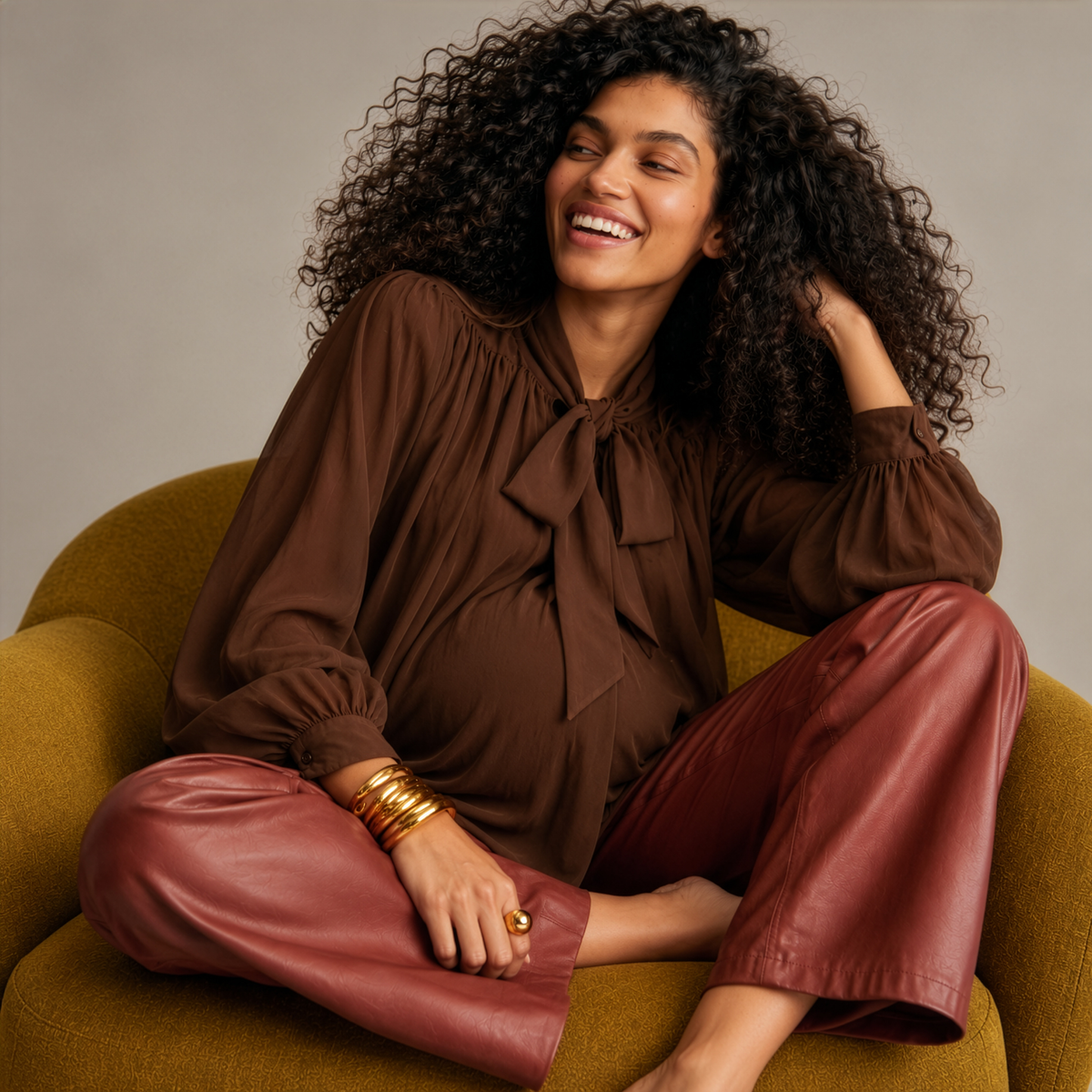 Tie-Neck Longline Blouse in Brown