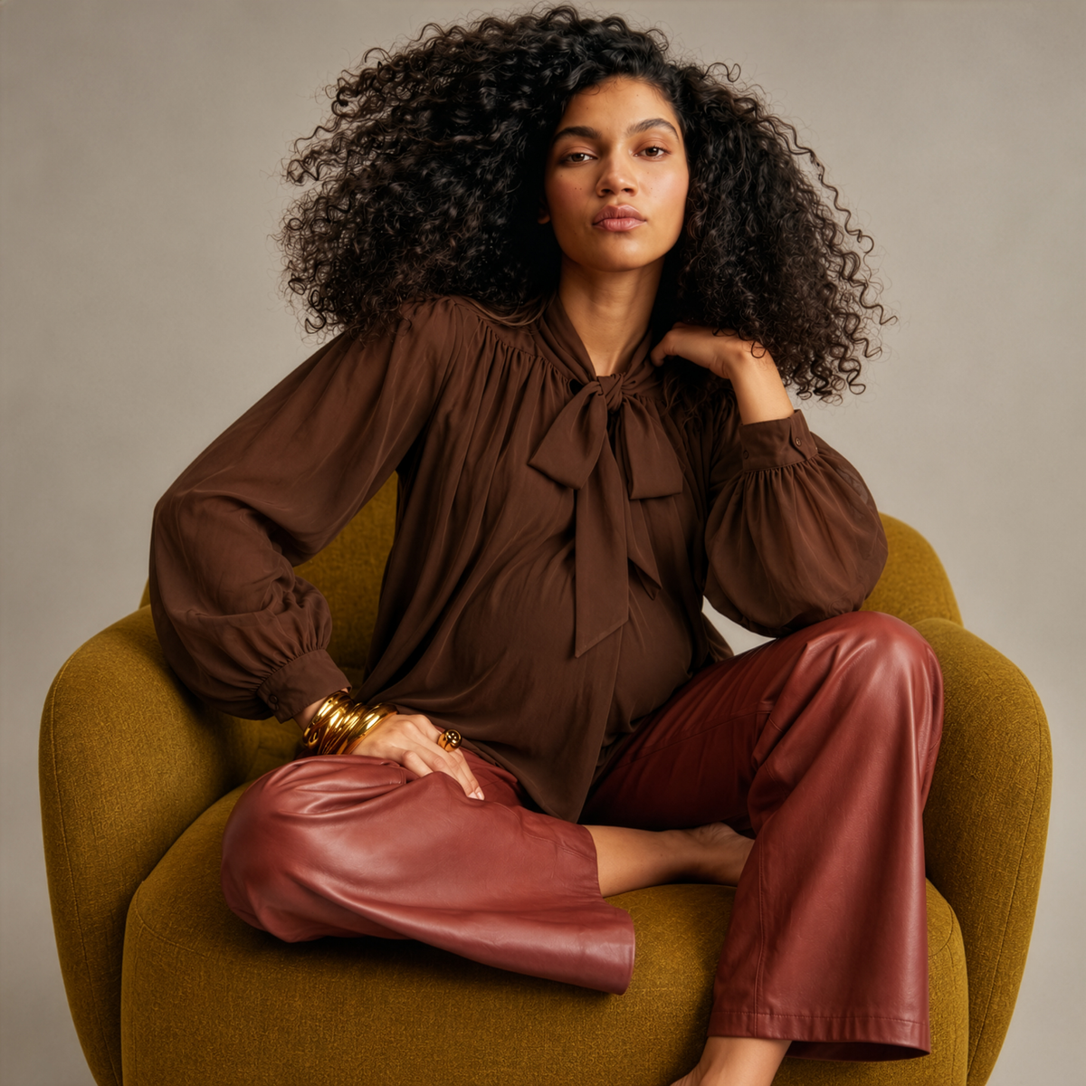 Tie-Neck Longline Blouse in Brown