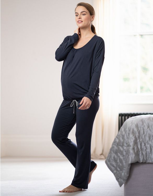 Maternity Nursing Pyjamas Loungewear Set In Blue Grey