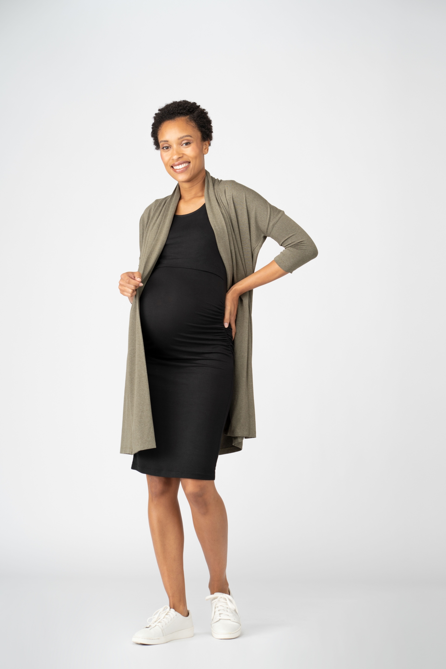 Ailish Maternity & Nursing Dress with Cardigan in Black & Khaki
