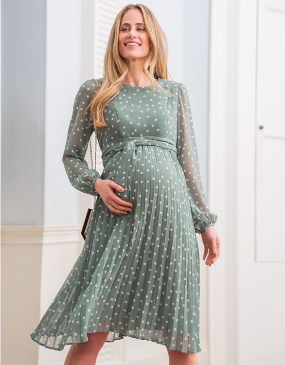 Adelade Chiffon Maternity & Nursing Dress in Sage Polka Dot