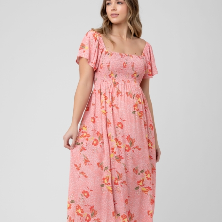 Raquelle Pink Floral Drawstring Fit & Flare Maternity / Nursing Dress